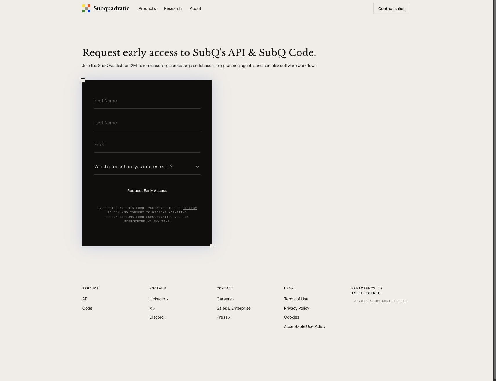 Request Early Access — Subquadratic captured website design