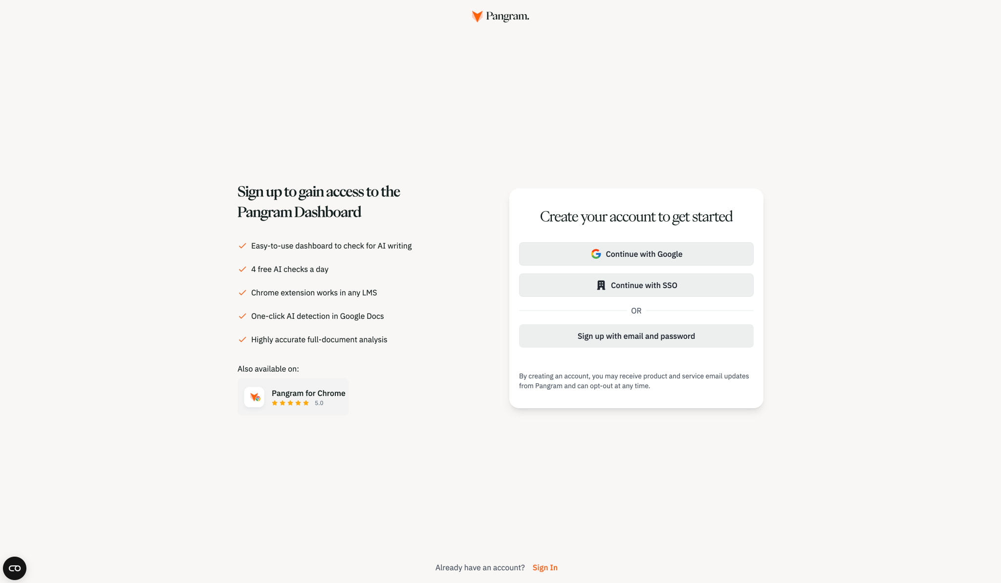 Sign up | Pangram Labs captured website design