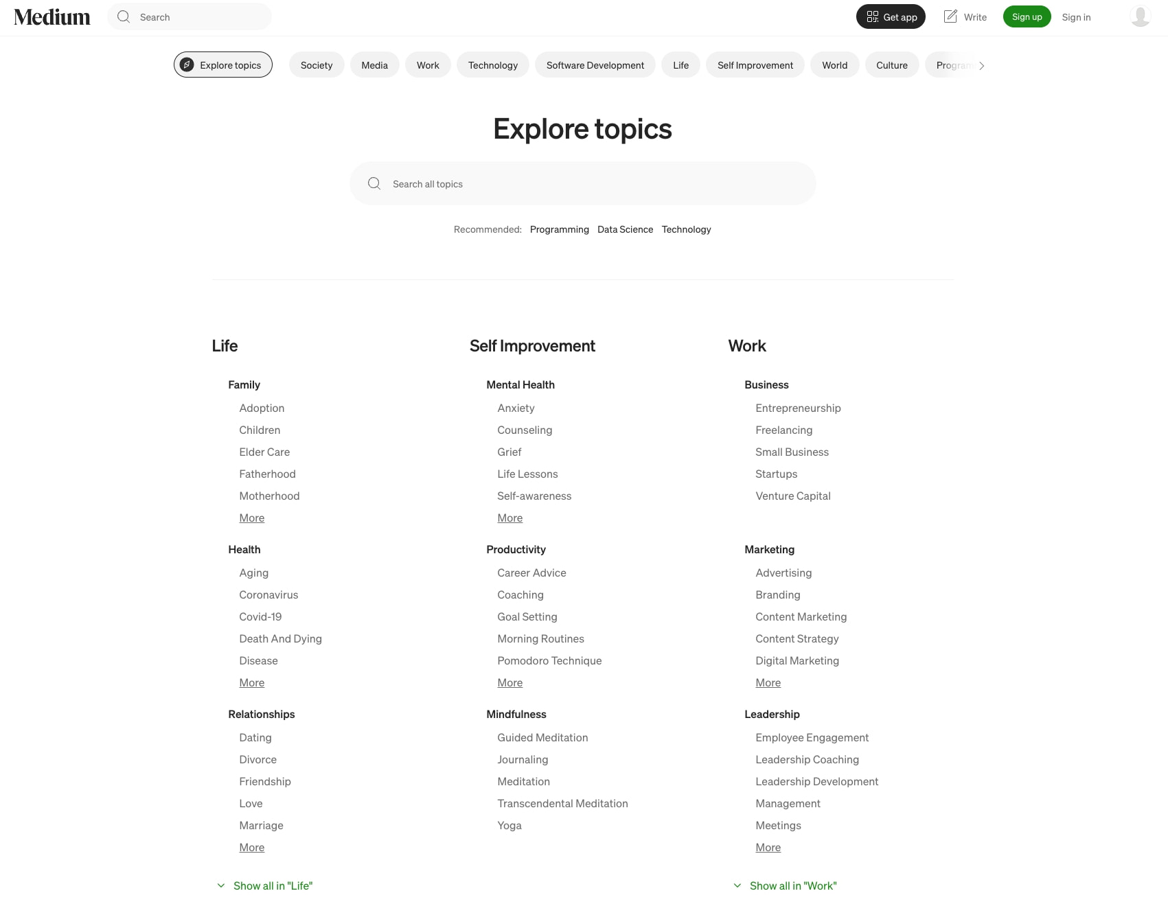 Explore topics - Medium captured website design