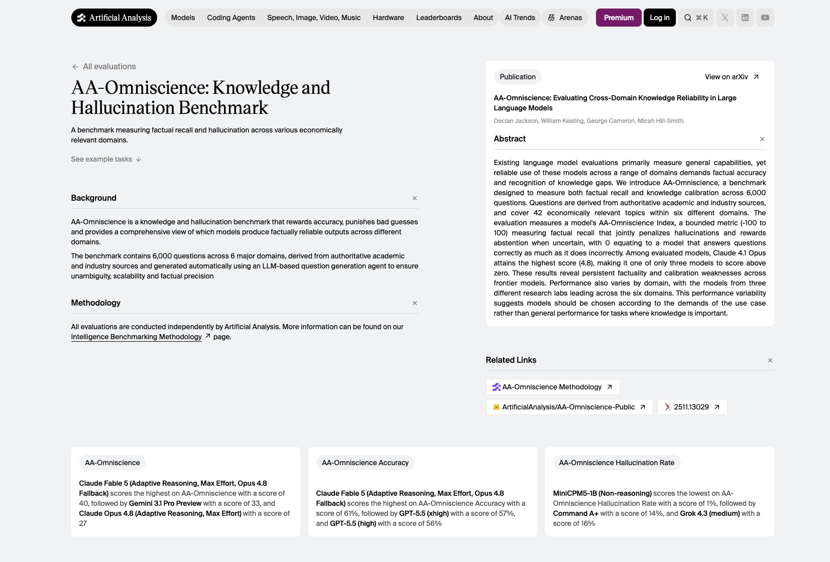 AA-Omniscience: Knowledge and Hallucination Benchmark | Artificial Analysis captured website design