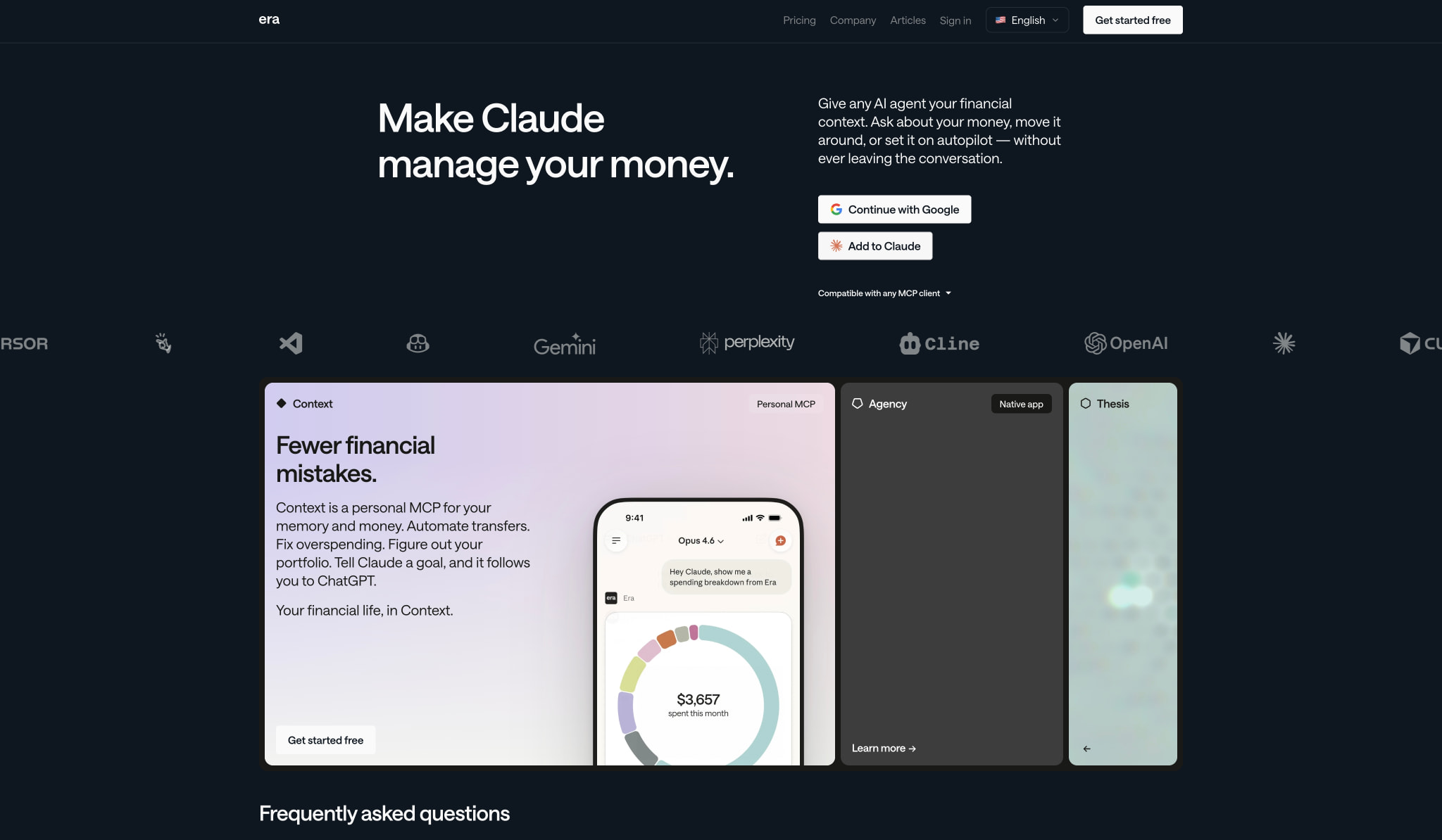 Era — Make Claude manage your money captured website design