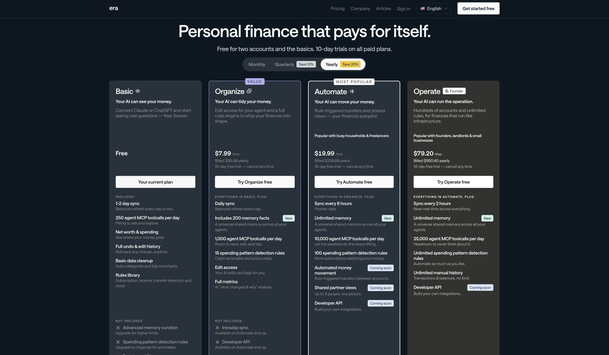 Pricing — Era captured website design