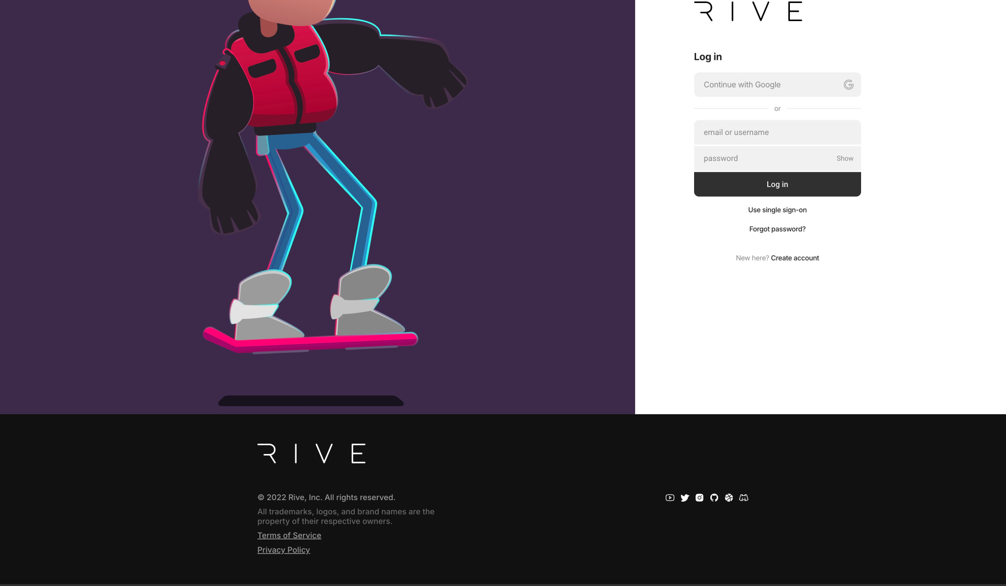 Rive - Log in captured website design