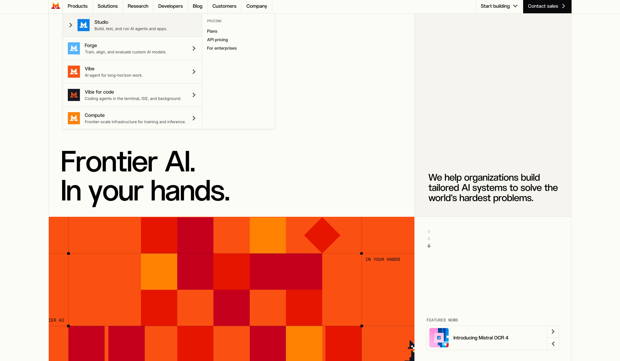 Frontier AI LLMs, assistants, agents, services | Mistral captured website design