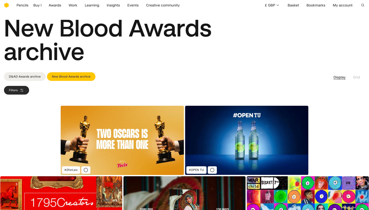 D&AD New Blood Awards archive captured website design