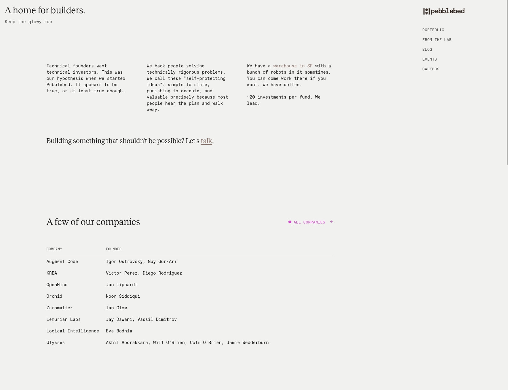 Pebblebed · A home for builders captured website design