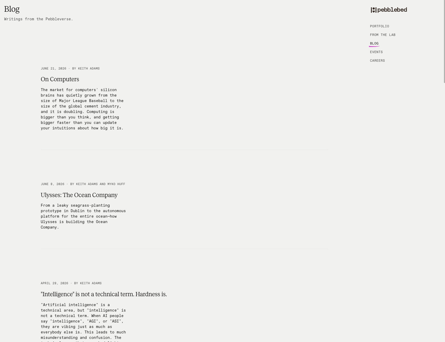 Blog · Pebblebed captured website design