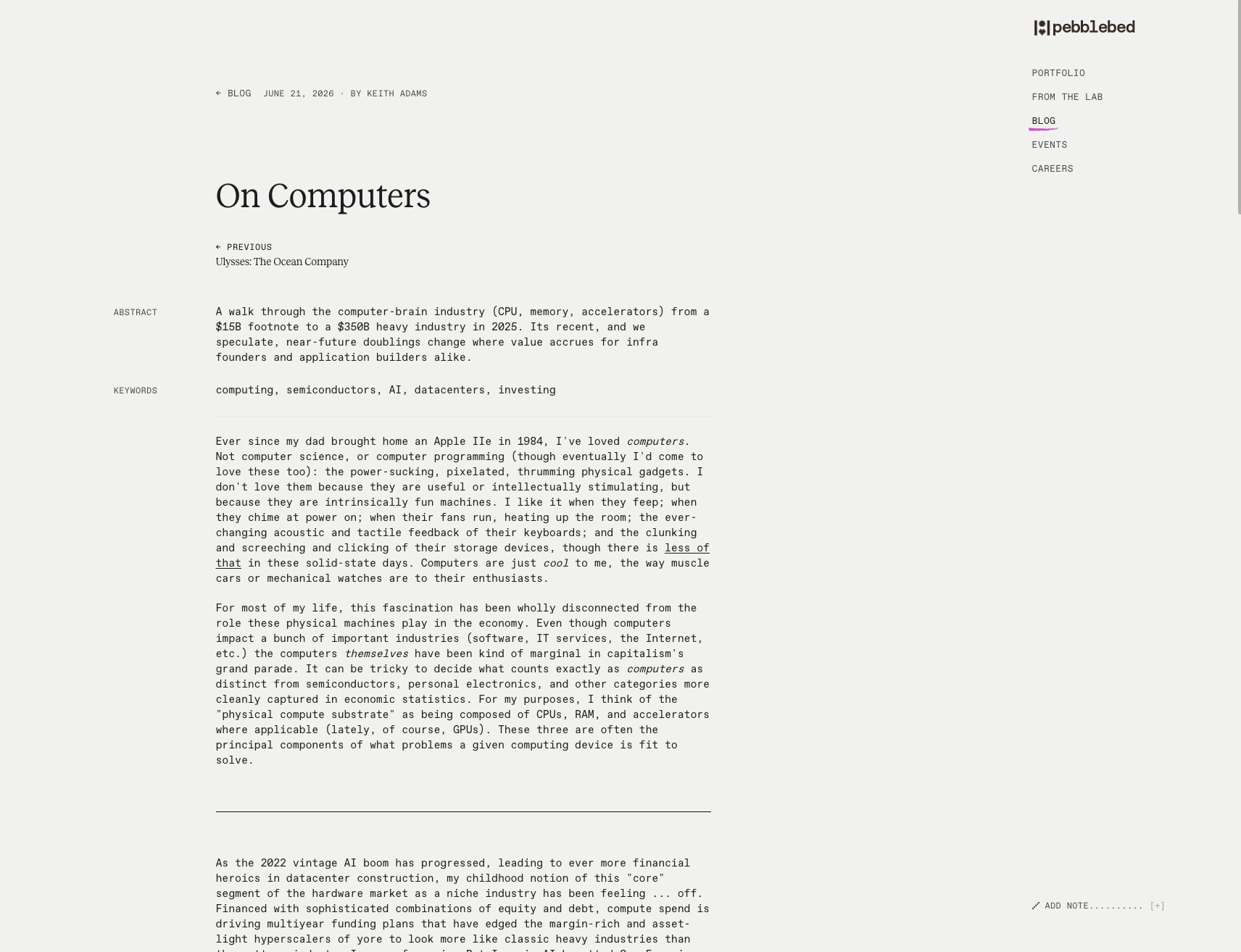 On Computers · Pebblebed Blog · Pebblebed captured website design
