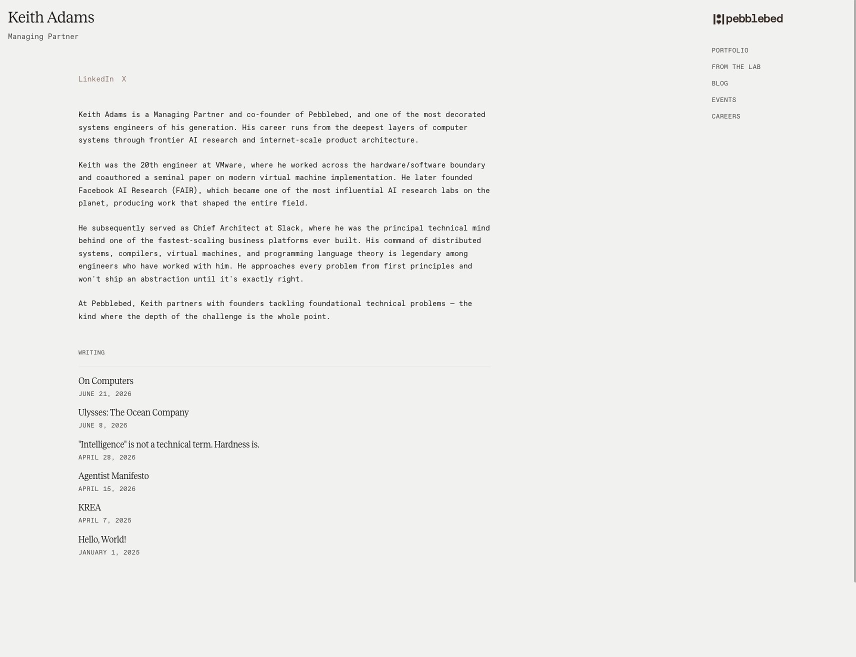Keith Adams · Pebblebed · Pebblebed captured website design