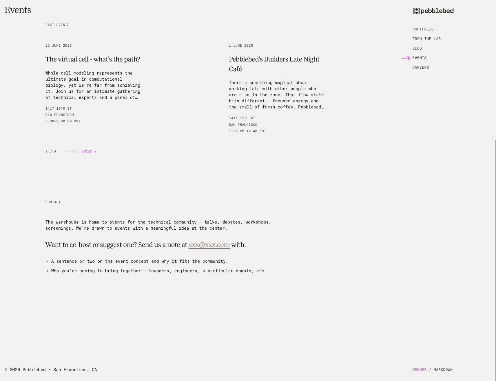 Events · Pebblebed captured website design