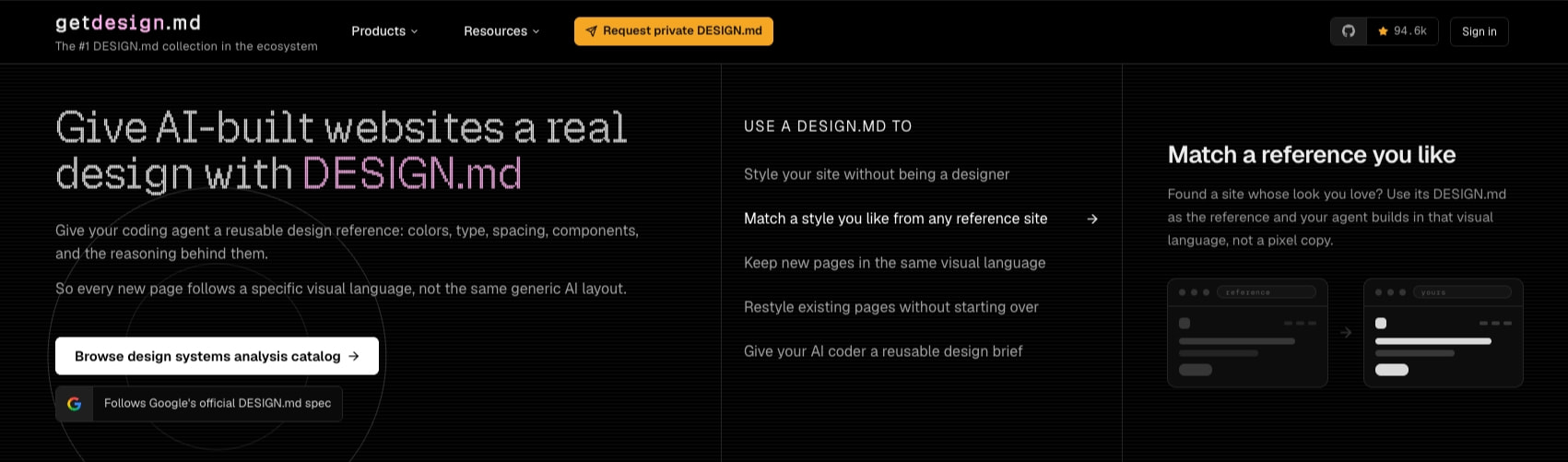 getdesign.md — DESIGN.md collection for AI coding agents captured website design