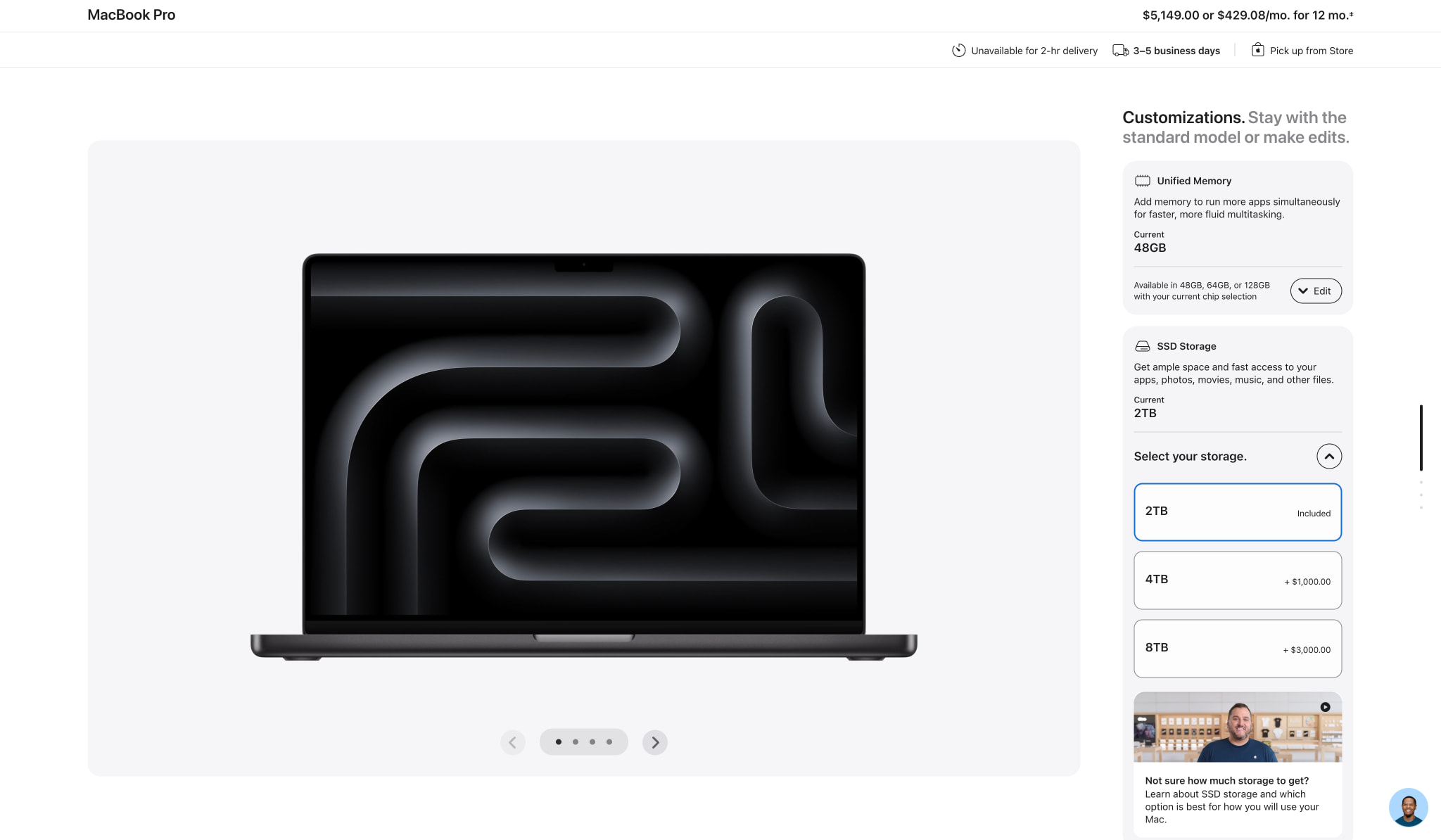 Buy MacBook Pro, 16-inch, M5 Max Chip, 18-core CPU, 40-core GPU, Space Black, Nano-texture display, 48GB memory, 2TB storage - Apple captured website design