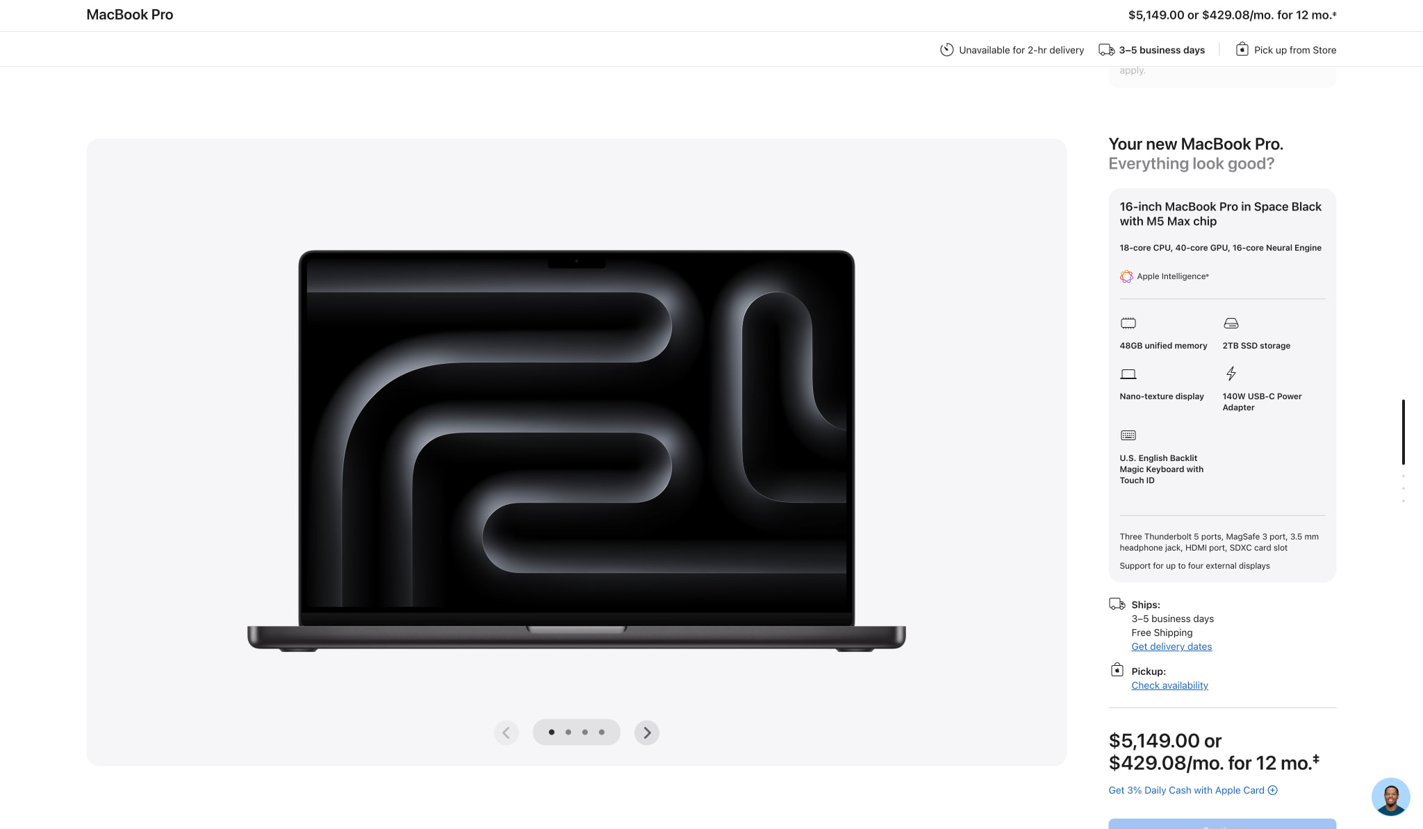 Buy MacBook Pro, 16-inch, M5 Max Chip, 18-core CPU, 40-core GPU, Space Black, Nano-texture display, 48GB memory, 2TB storage - Apple captured website design