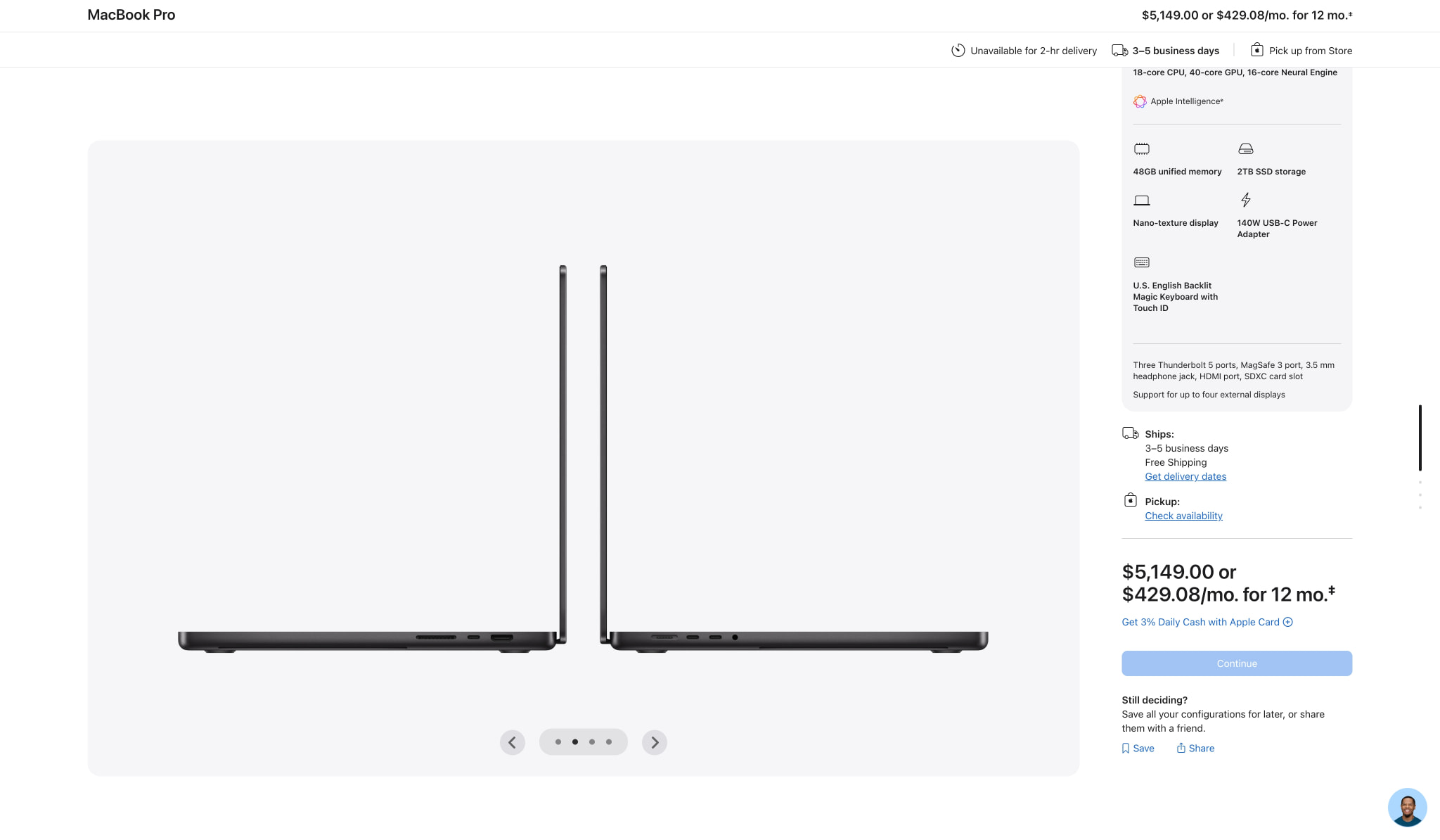 Buy MacBook Pro, 16-inch, M5 Max Chip, 18-core CPU, 40-core GPU, Space Black, Nano-texture display, 48GB memory, 2TB storage - Apple captured website design
