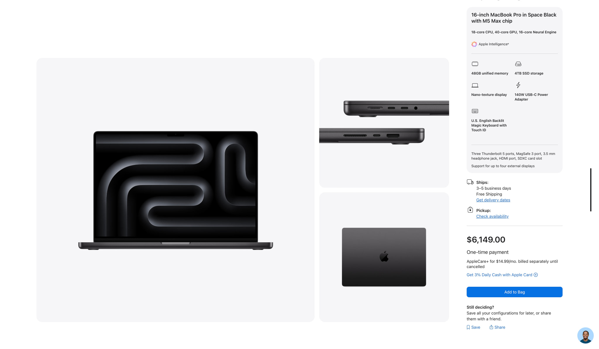 Buy MacBook Pro, 16-inch, M5 Max Chip, 18-core CPU, 40-core GPU, Space Black, Nano-texture display, 48GB memory, 4TB storage - Apple captured website design