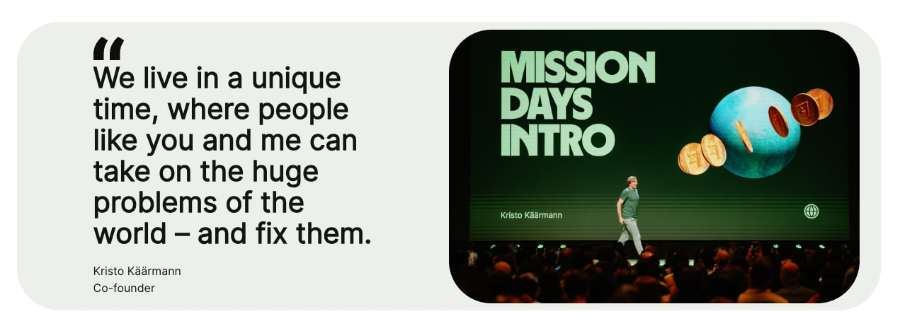 Mission quote block with large black serif quotation marks and pull-quote text beside a dark green presentation slide showing Mission Days Intro with floating coins captured website design