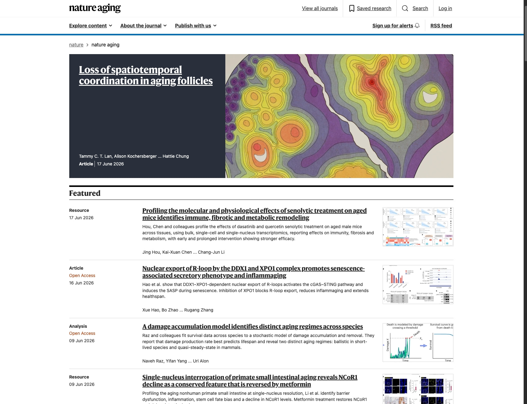 Nature Aging journal homepage with hero banner, navigation bar, and featured article list with scientific imagery thumbnails captured website design
