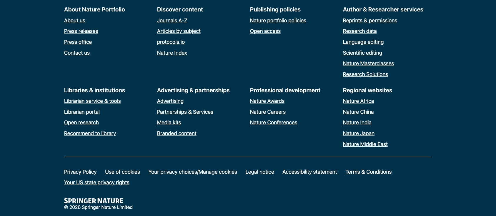 Dark navy footer with four-column link grid, Springer Nature branding, and legal links row captured website design