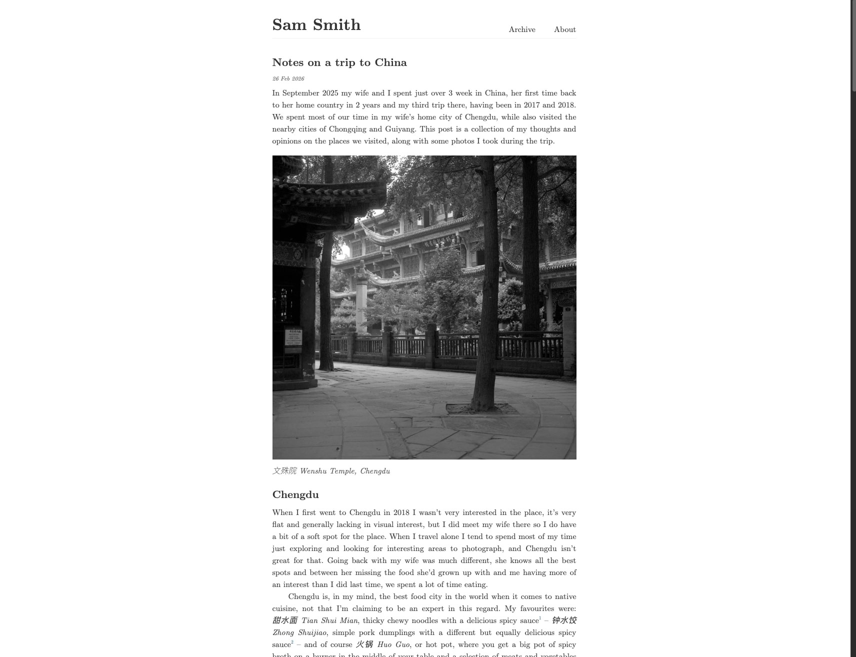 Notes on a trip to China | Sam Smith captured website design