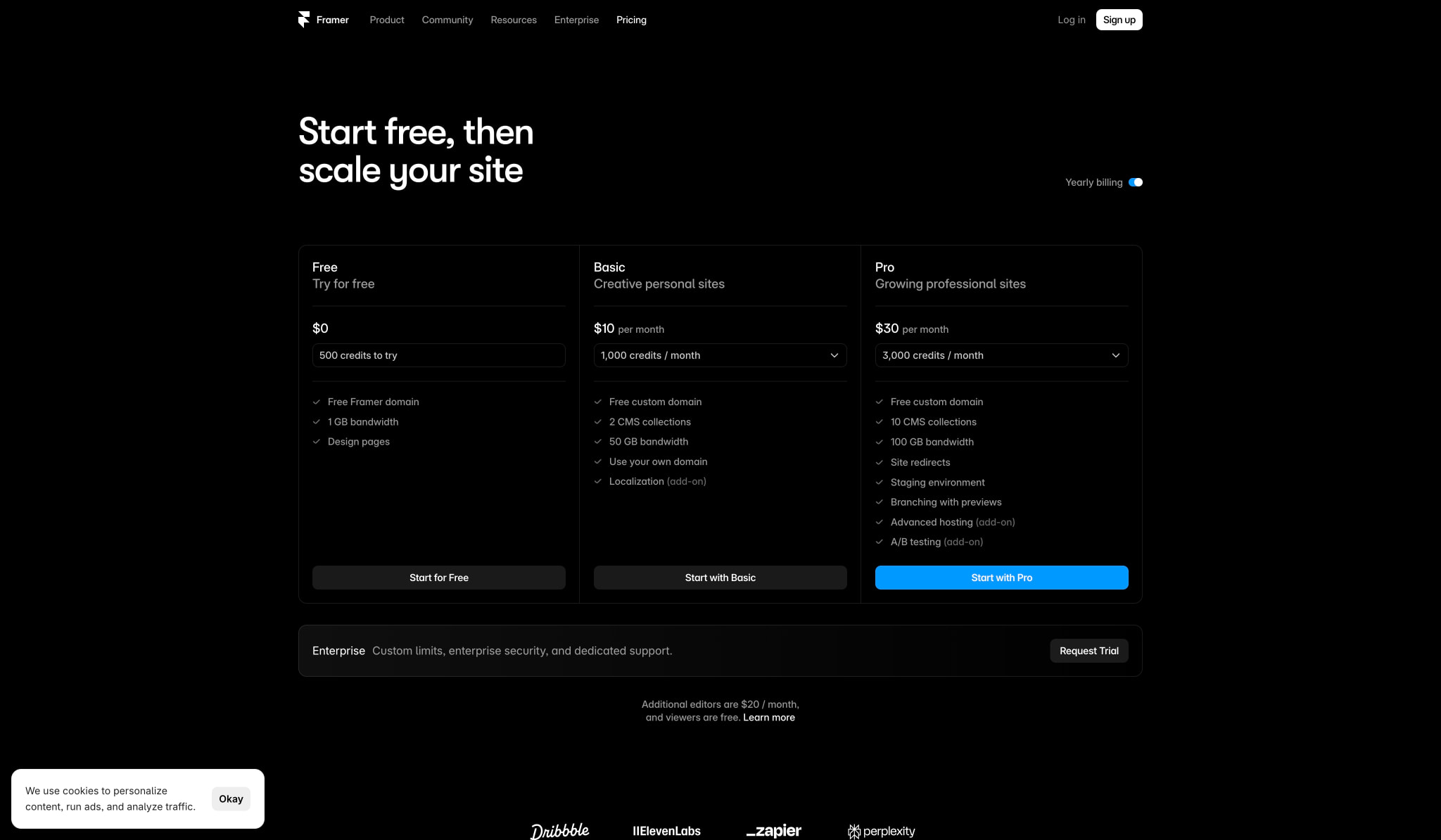 Framer pricing: Free, Basic, Pro, and Enterprise plans captured website design