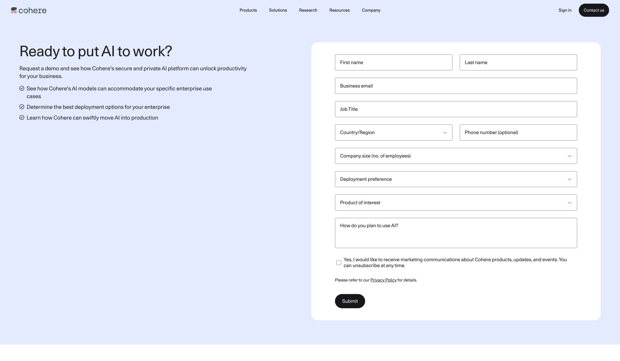 Contact Sales | Secure and Scalable AI | Cohere captured website design